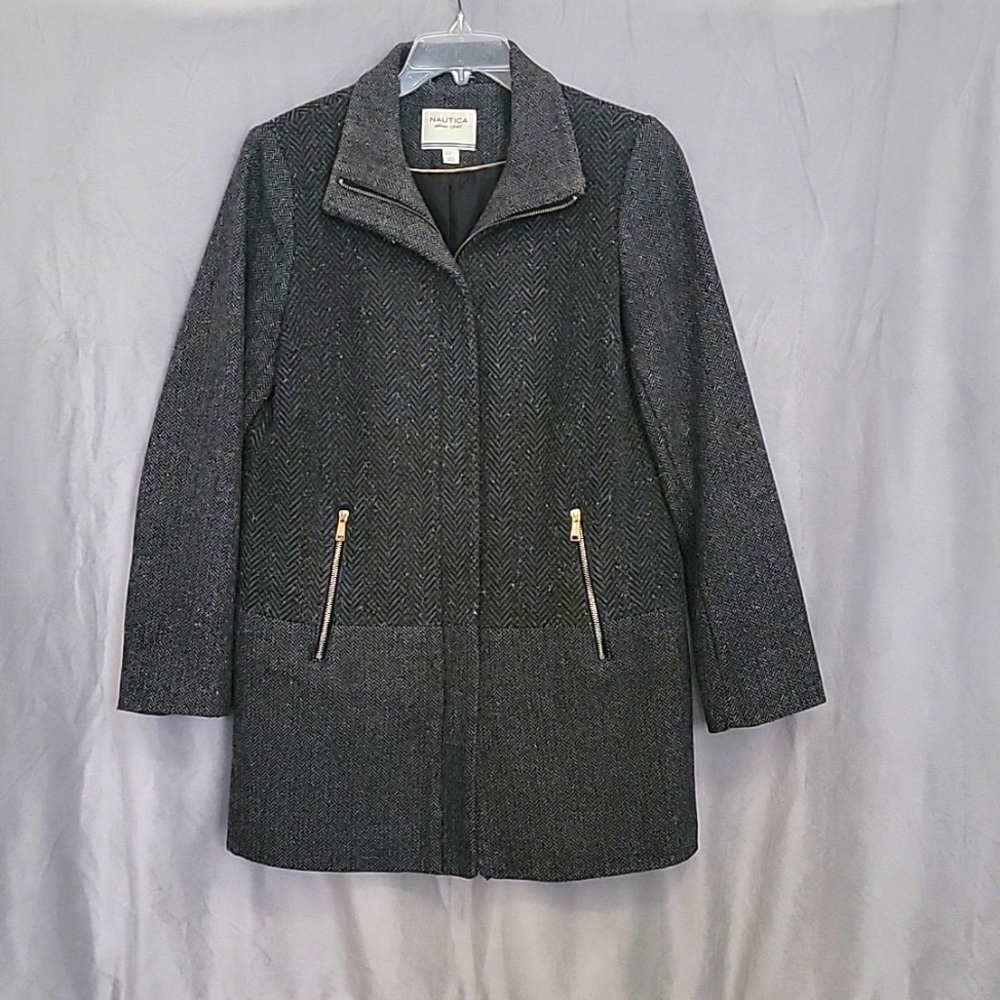 Nautica Wool Stand Collar Grey Coat, Zip Up, Two Waist Zip Pockets, Size Medium